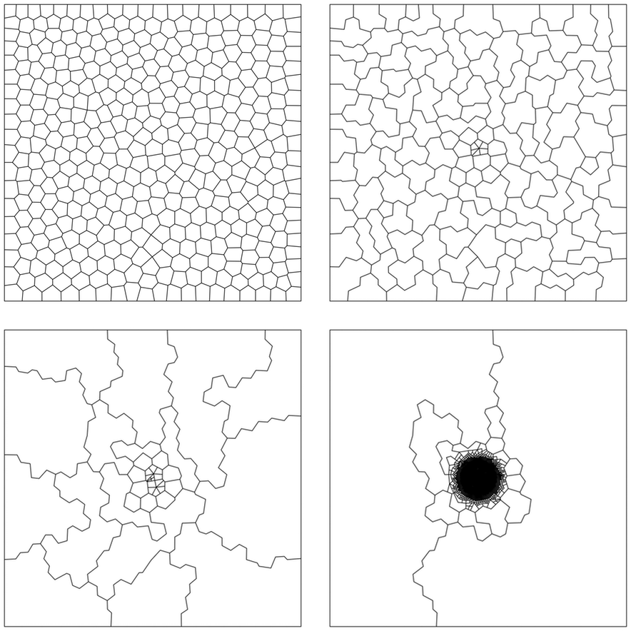 A sequence of polygonal meshes, adapted to focus resolution around a central singularity