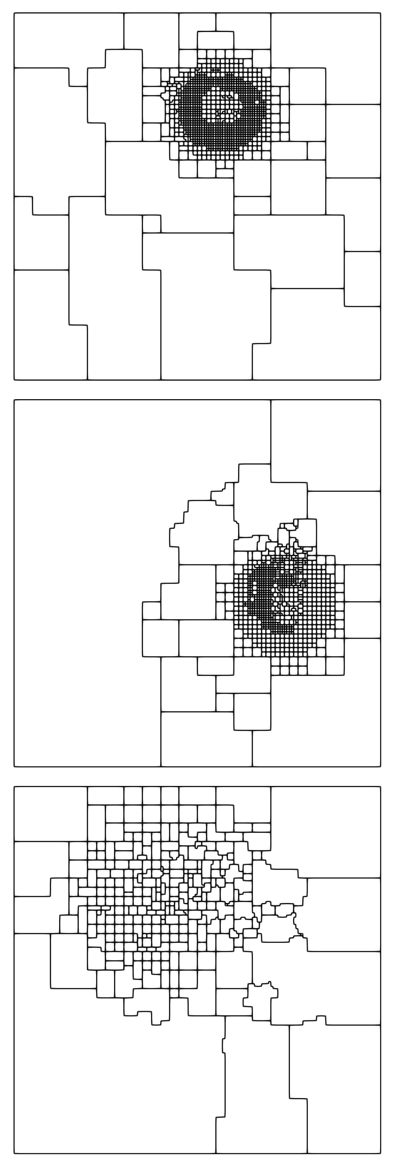 Snapshots of adapted polygonal meshes produced on different time steps when simulating an initially localised concentration of some substance diffusing as it is stirred around the domain.